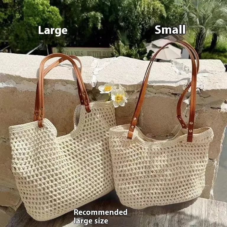 Beige woven cotton linen large capacity shoulder bag with shoulder strap