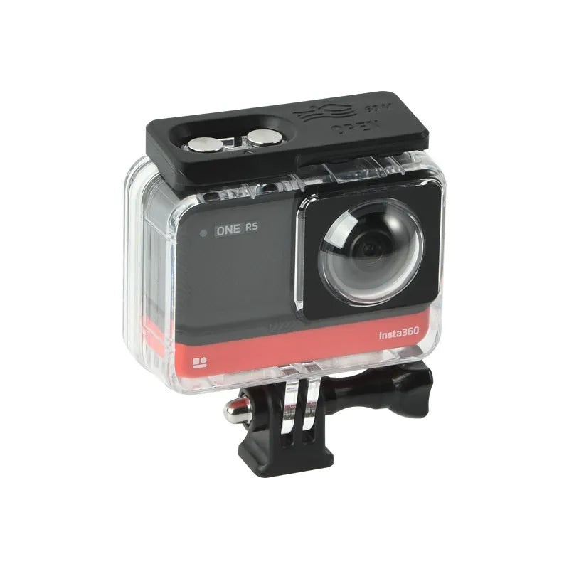 Transparent Insta360 One RS waterproof case measuring 9x8x4.5cm with dual lens protective cover