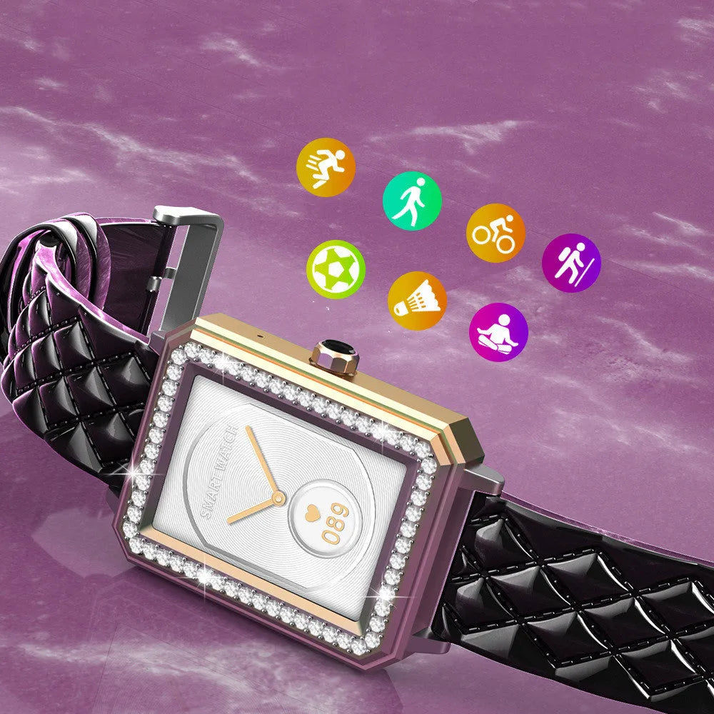 Women's smart bracelet with genuine leather strap and 1.65-inch touchscreen displaying health monitoring data