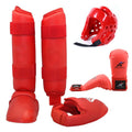 Red and blue martial arts protective gear set showing leg guards, boxing gloves, and a helmet for taekwondo and karate.