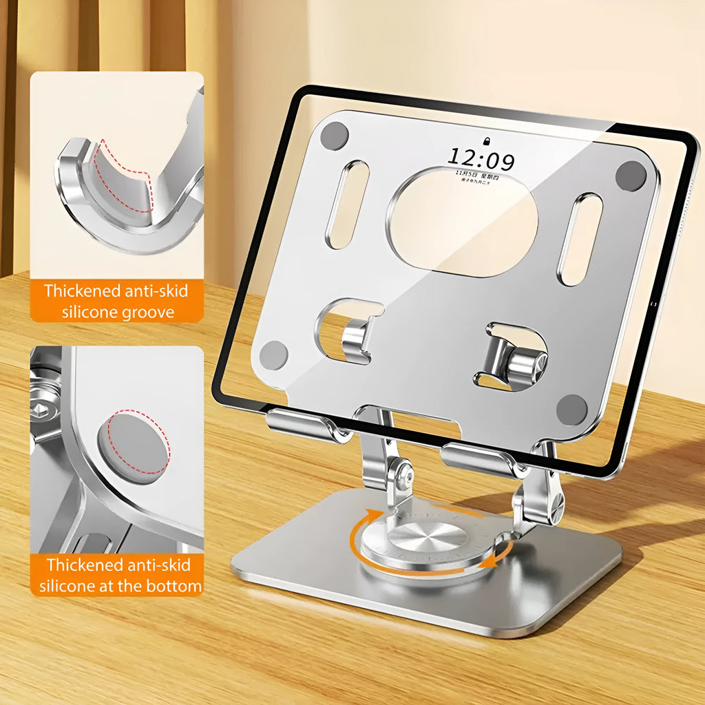 Rotating tablet stand with adjustable aluminium plate in silver colour on desk