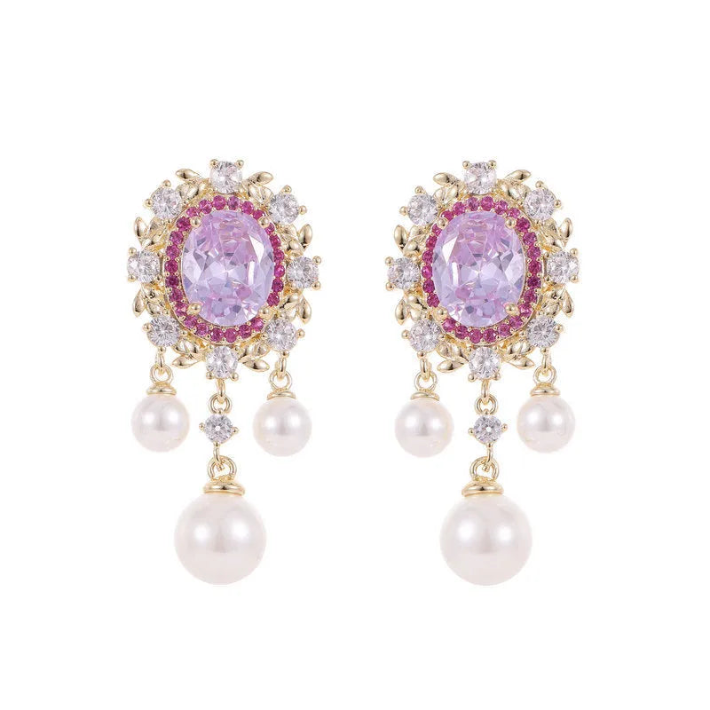 Oval zircon inlaid pearl tassel earrings with geometric copper design and 2.5cm drop