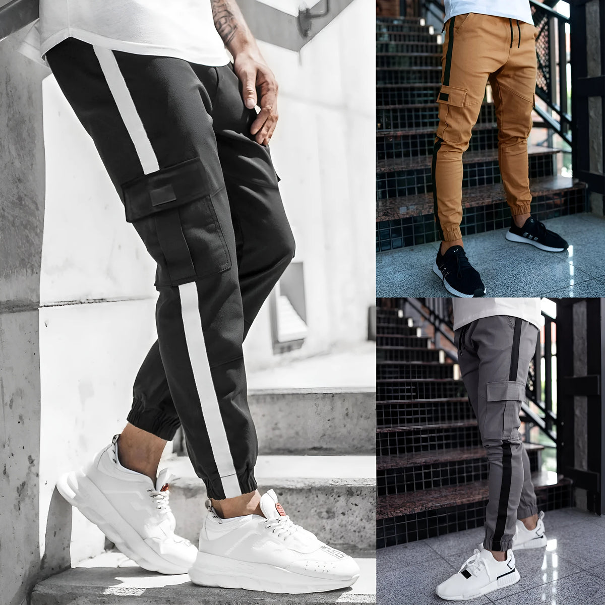 Men's leather-look casual trousers in khaki, black, or dark grey with middle waist and zip fly.