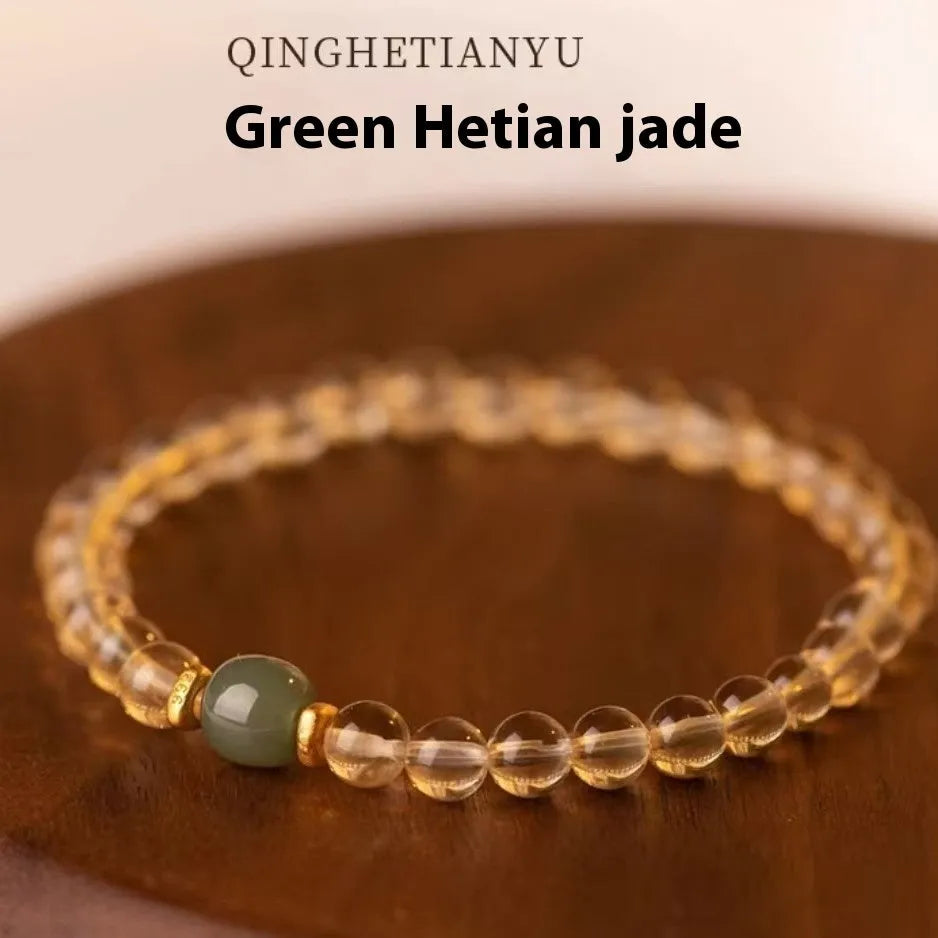Manual bracelet with Brazilian rutilated quartz and Hetian jade in green or white colour options