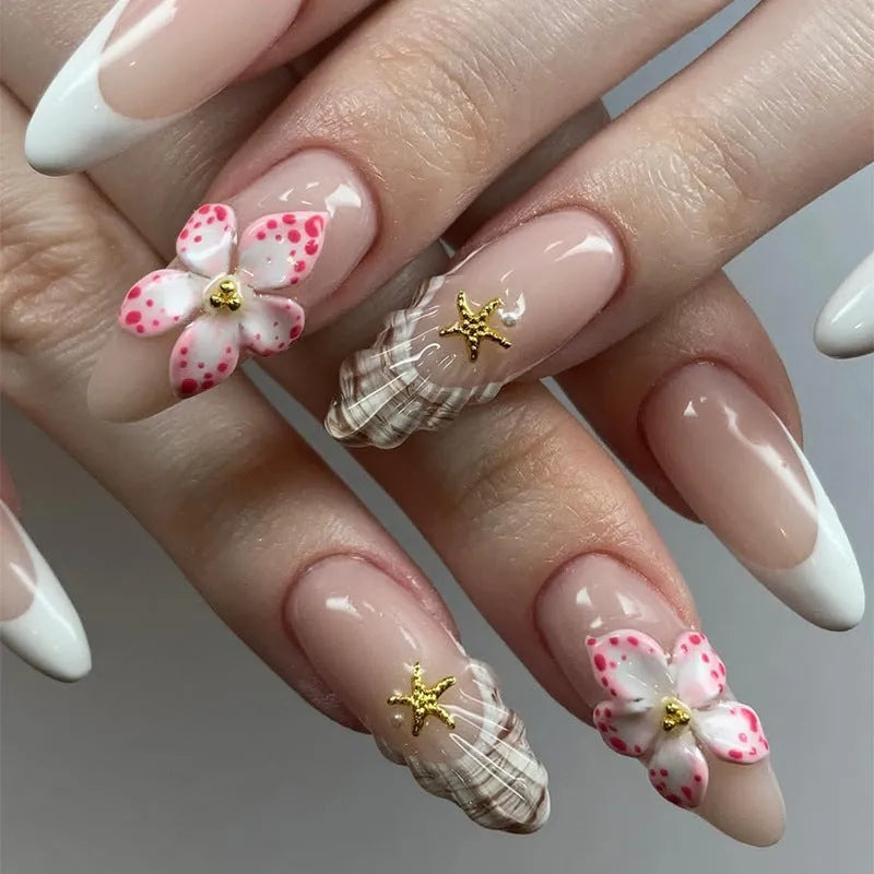 Flower French style fake nails with simple flower pattern, 24-piece plastic kit with glue