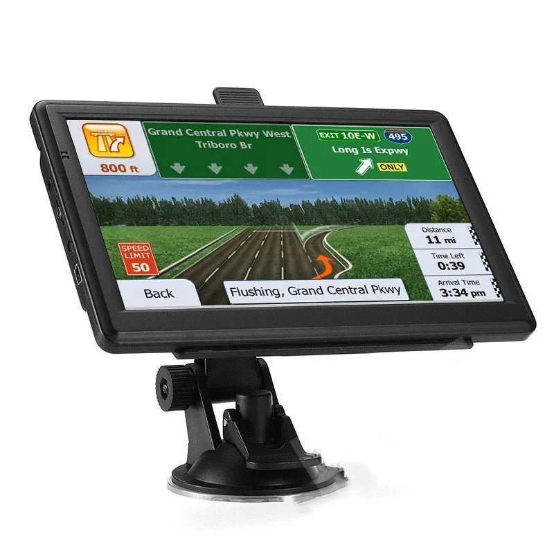 Car GPS navigation device with 7-inch HD screen on dashboard, showing map of Europe