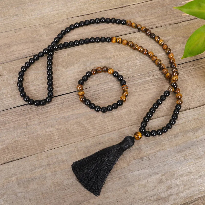 Tiger eye stone tassel chain necklace with ball beads and drop pendant