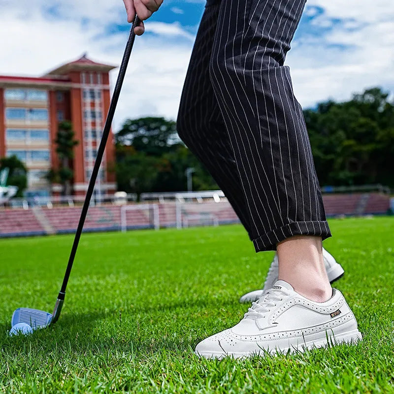 Men's genuine leather golf shoes with non-slip rubber outsole in Lake Blue and White colour options.
