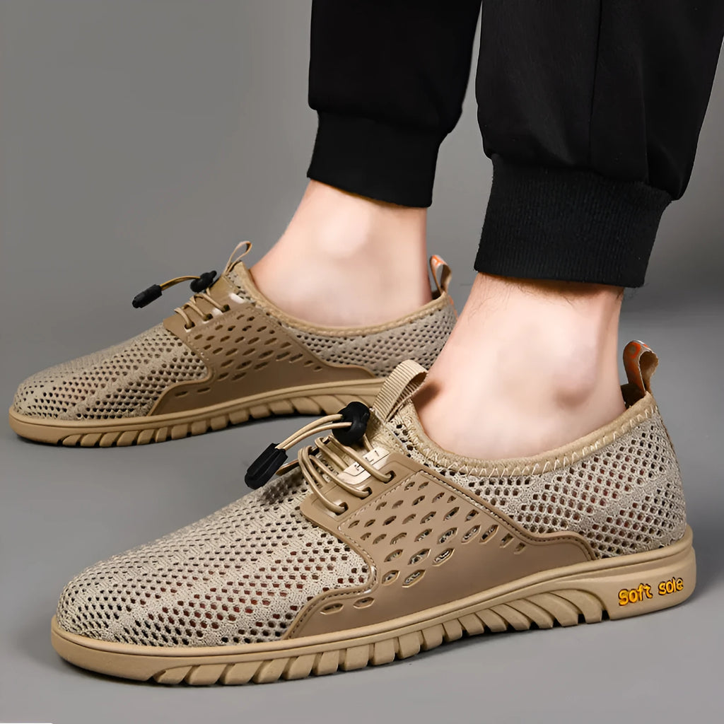 Men's breathable mesh casual shoes in black, grey, and sand colours with rubber sole