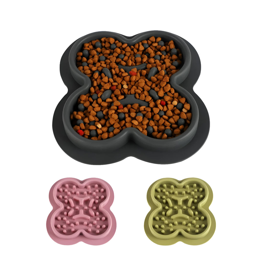 Silicone pet licking pad measuring 19cm by 21cm with non-slip base in various colour options