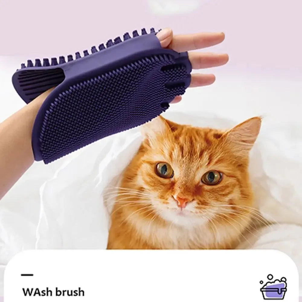 Purple pet shampoo massage brush with soft TPR bristles and ergonomic handle for dog and cat grooming