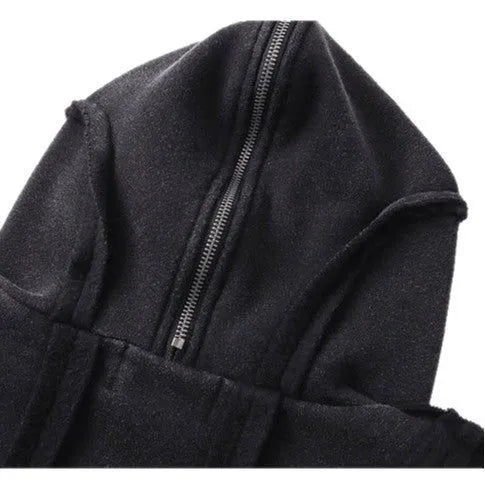 Black loose zip hooded coat with abstract pattern, cotton fabric, and padding, shown in sizes M, L, XL for autumn wear