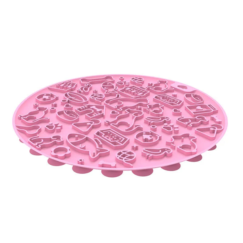 Round grey silicone pet licking mat with textured surface and suction cup base, measuring 21cm diameter