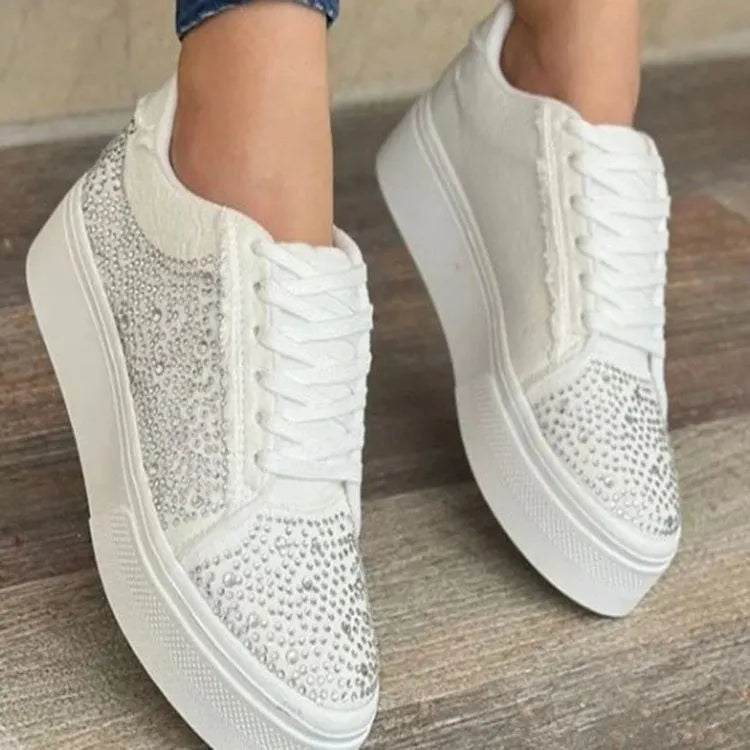 Plus size women's casual shoes with rhinestone accents on artificial PU upper, thick rubber soles, and lace-up design in black colour