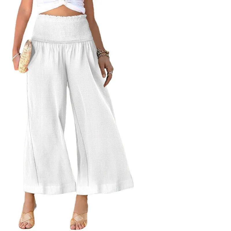 Women's high waist pleated cotton trousers in straight-leg cropped style with micro elasticity