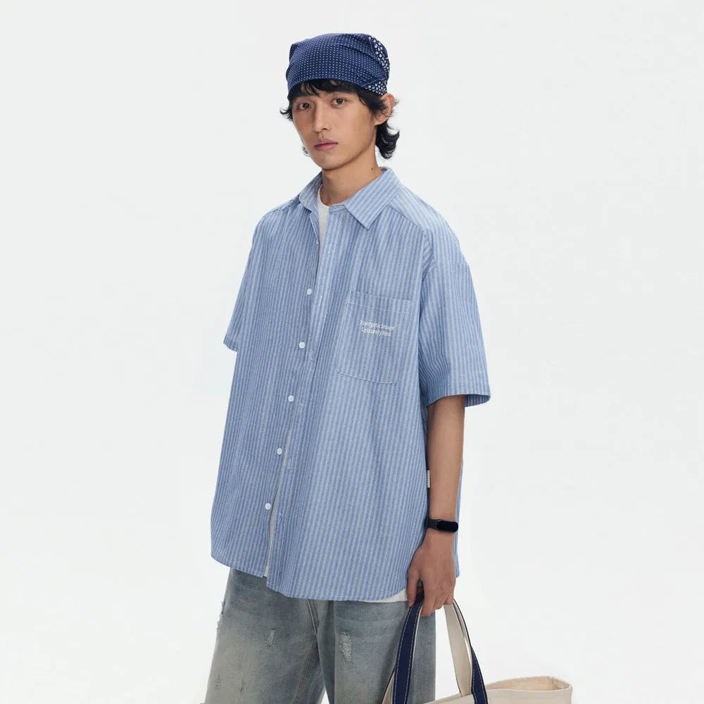 Blue striped short-sleeved overall shirt in loose cardigan style for men and women