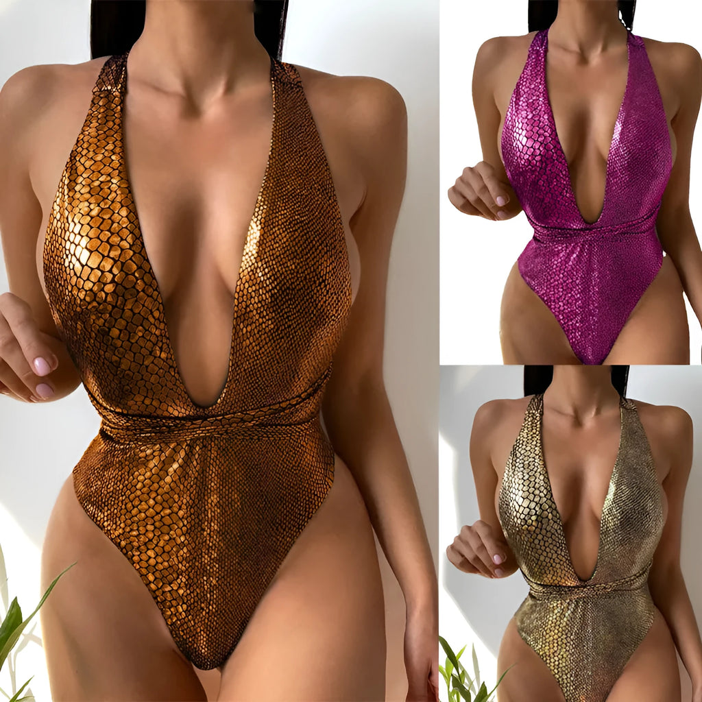 Women's sequined one-piece swimsuit in solid colour with polyester lining in European/American sizing