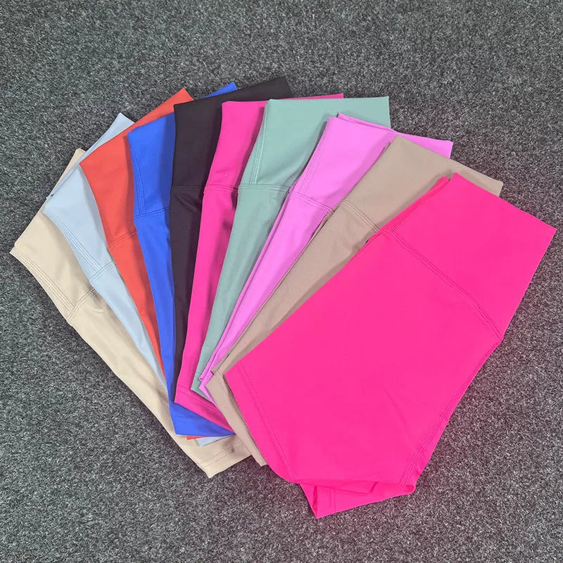 Women's high-waist yoga shorts in nylon fabric, available in colours like pink litchi and electric blue, sizes S-XXL