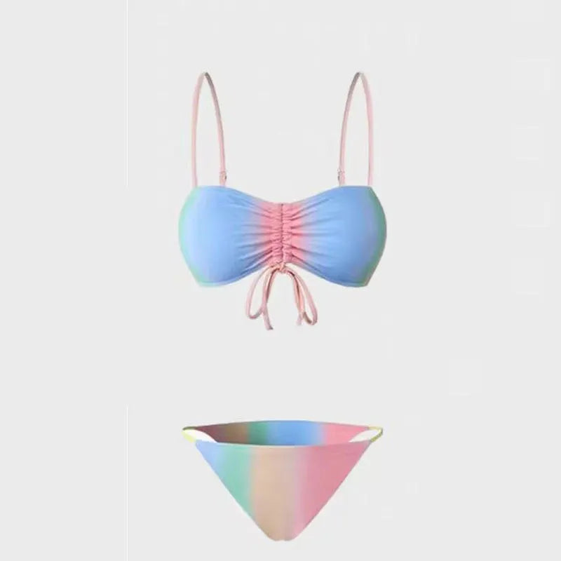 Women's lace-up triangle bikini top and matching bottoms in colour-matching polyester swimwear.