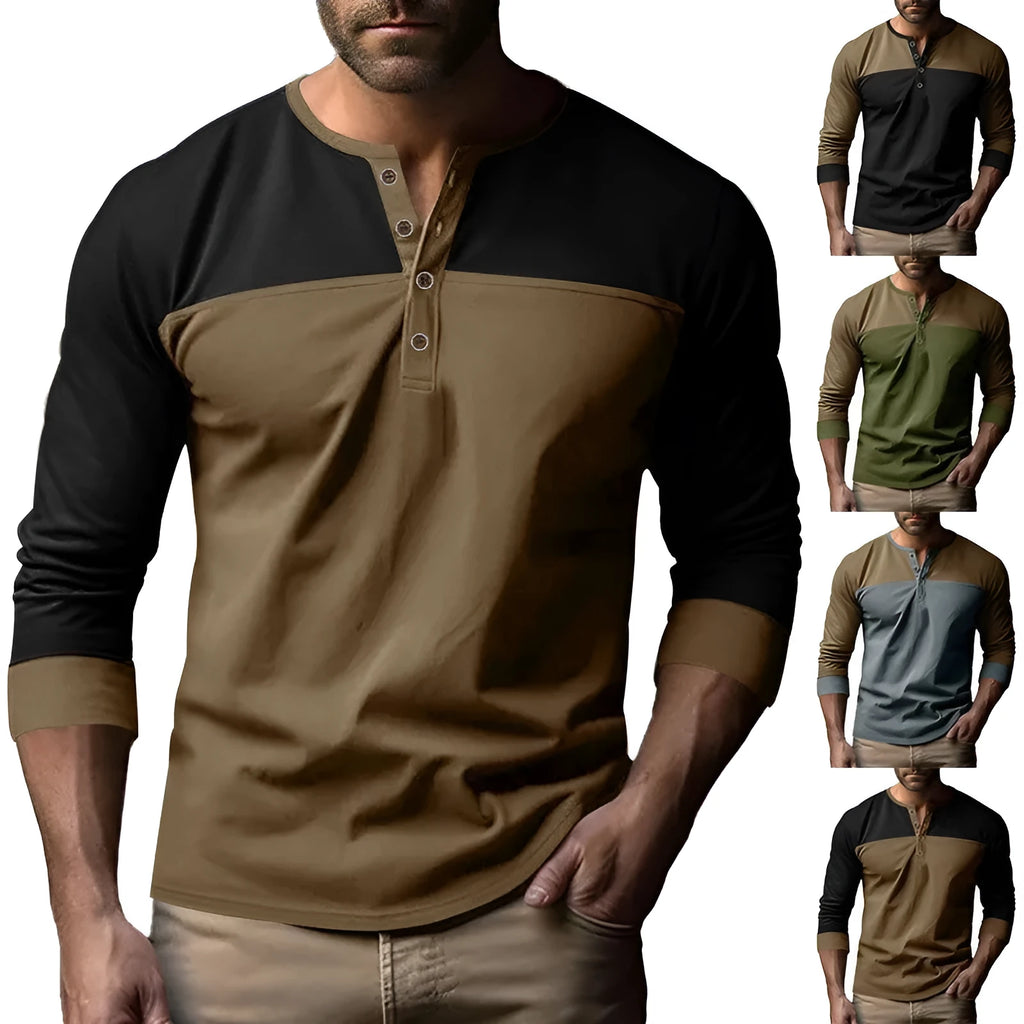 Men's brown army green long sleeve henley collar casual shirt with retro colour matching panels.
