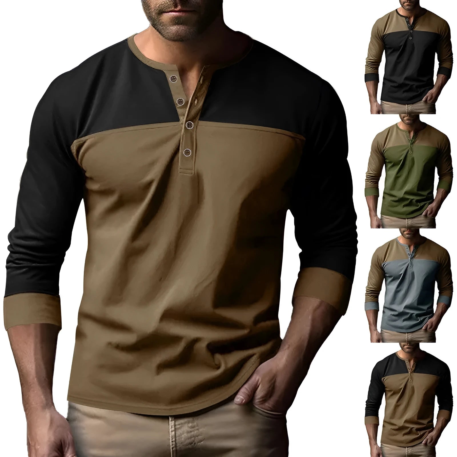 Men's brown army green long sleeve henley collar casual shirt with retro colour matching panels.