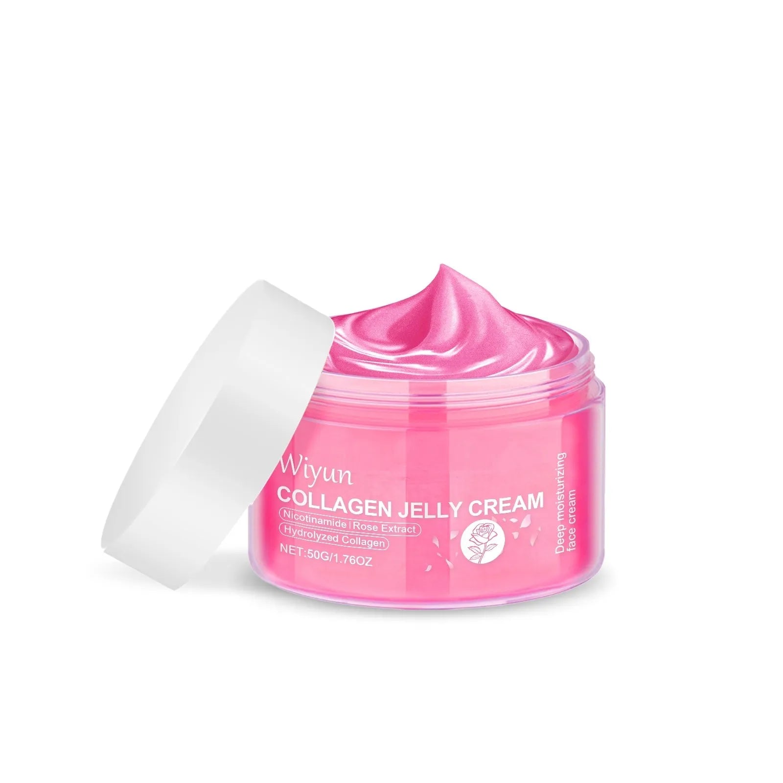 Collagen Rose Jelly Cream in 50g packaging, showing jelly texture and ingredients like hydrolysed collagen and rose extract
