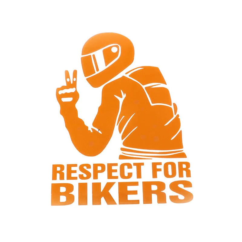 Respect for Bikers 15cm by 11cm vinyl car sticker in reflective silver colour on a vehicle window.