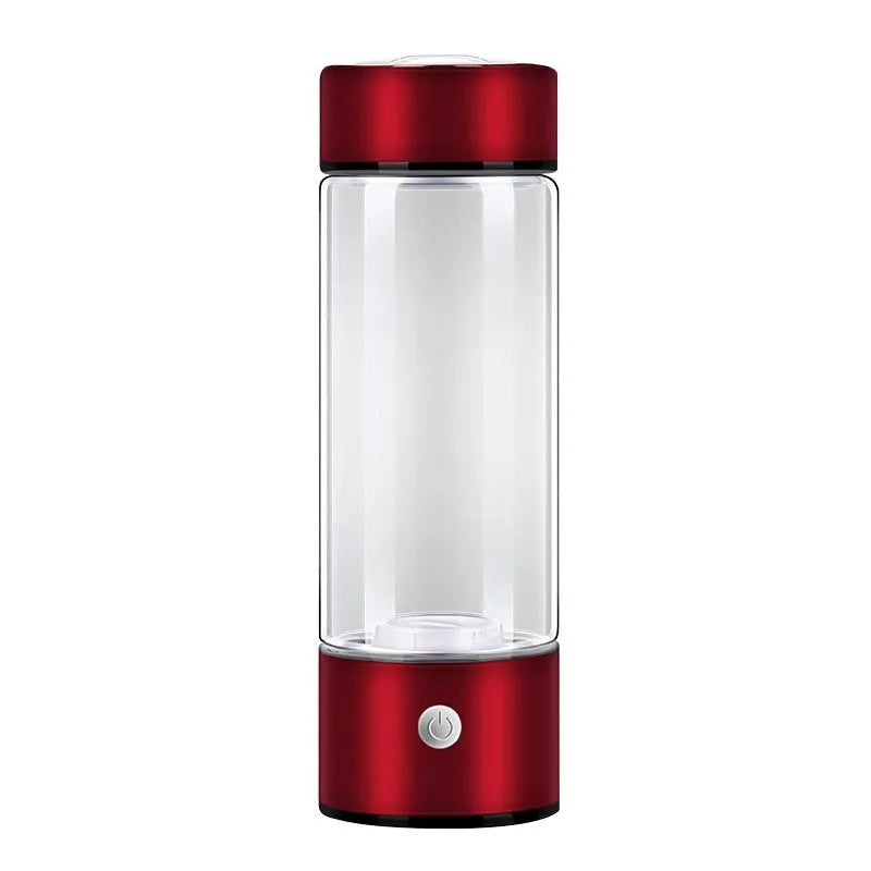 Hydrogen water bottle with borosilicate glass cylinder and electric hydrogen generator in silver colour
