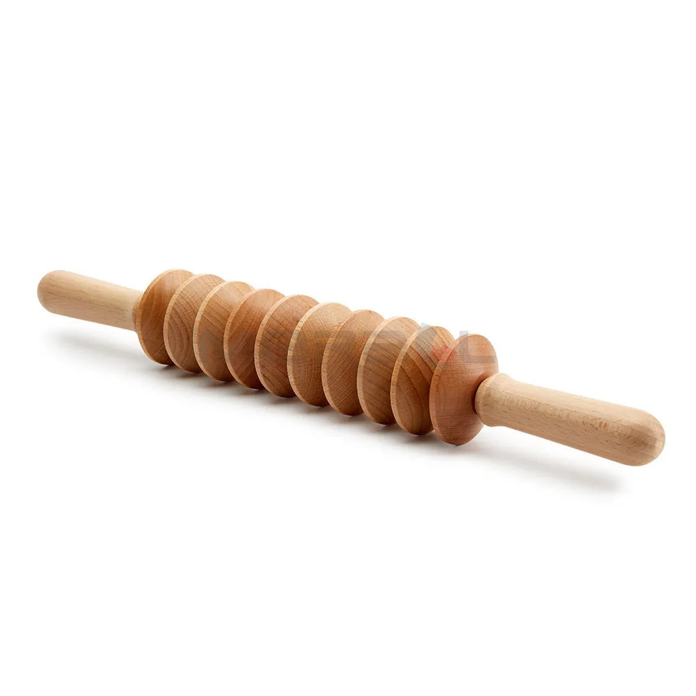 Assortment of natural beechwood massage rollers and Gua Sha tools including T-shaped and multi-wheel designs.