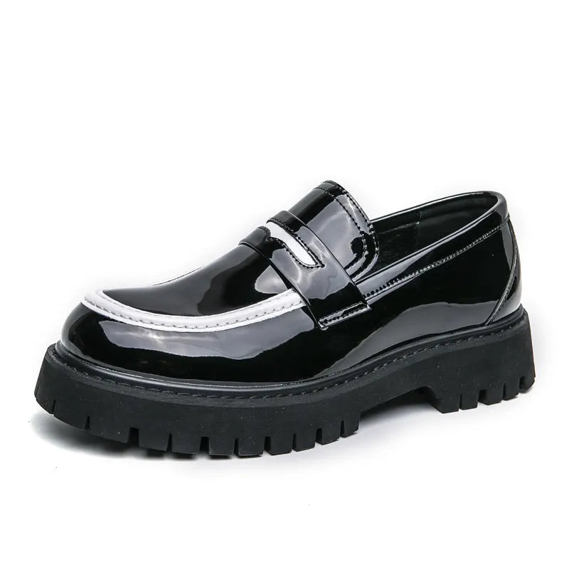 Men's chunky platform leather shoes in black with PU upper, rubber sole, round toe, low tube, sizes 38-46