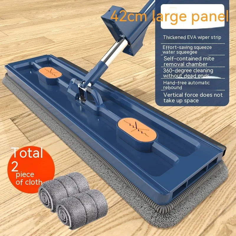 Large flat mop with extended stainless steel handle and rotating head for floor cleaning