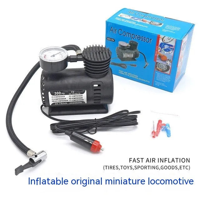 Black 12V miniature car tyre air pump measuring 13.5x12x7cm