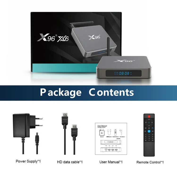 Smart voice set-top box with remote control, HDMI cable, and power adapter on a table