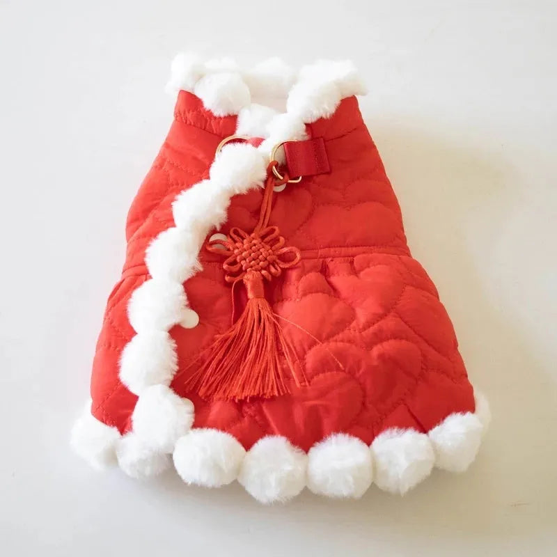 Red Chinese-style pet clothing with thick fur collar for dogs and cats in festive New Year outfit