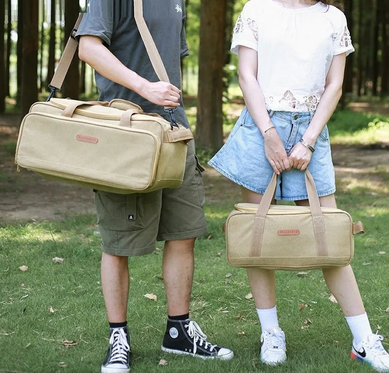 Green Oxford cloth camping kitchenware storage bag showing 16L and 35L size options for gas tanks and cookware.