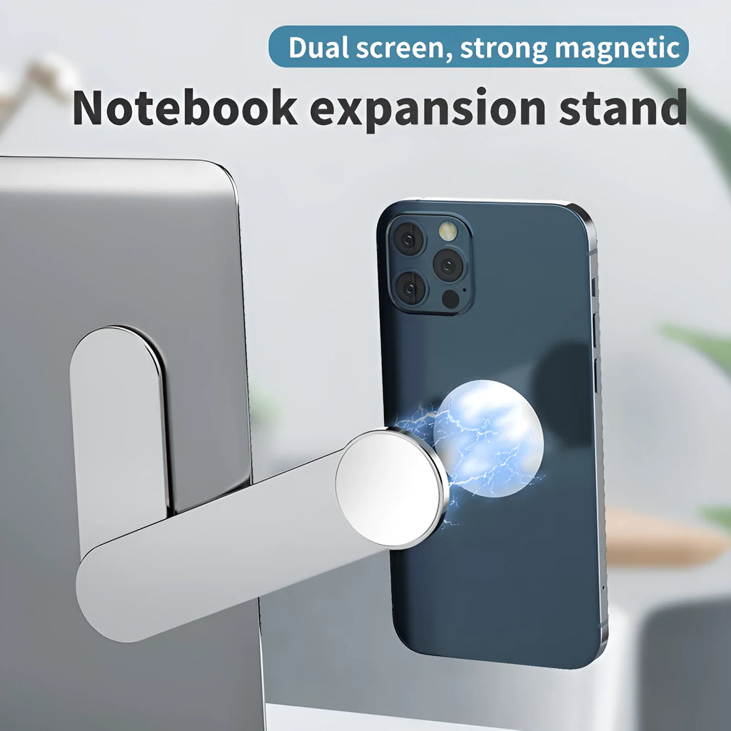 Silver aluminium alloy dual screen extension bracket holding mobile phone and computer simultaneously