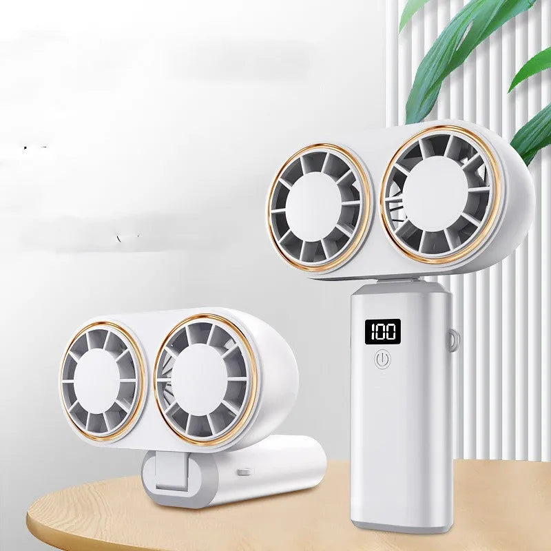 Handheld mini fan with folding neck strap and digital display in milky white colour