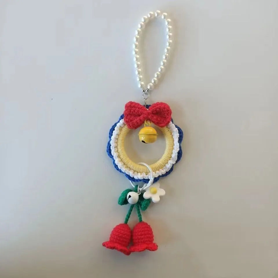 Handmade plush yarn car hanging Snow White decoration with red wind chime pendant
