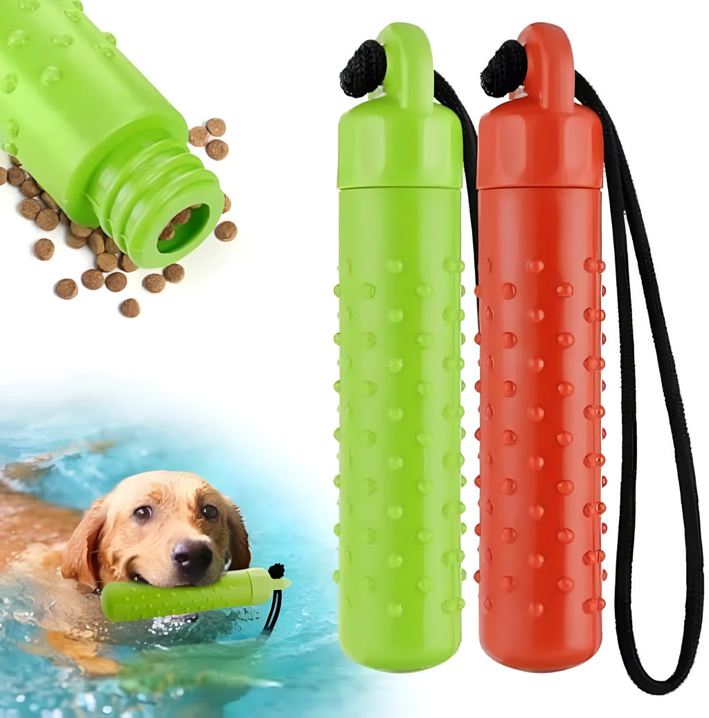 Two red and green TPR floating dog toys with rope handles for water fetching