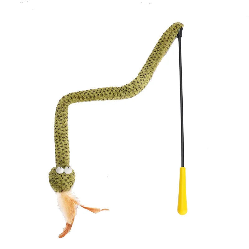 Green cat teasing stick with feather attachment measuring 140cm in length