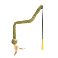 Green cat teasing stick with feather attachment measuring 140cm in length