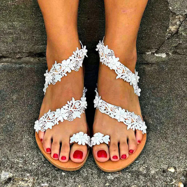 White rhinestone flower plus size women's flat shoes with round toe and low-cut back