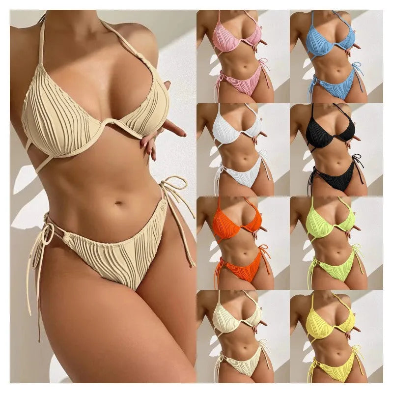 Women's split bikini swimsuit with steel bracket underwire in apricot colour, size M, for swimming.