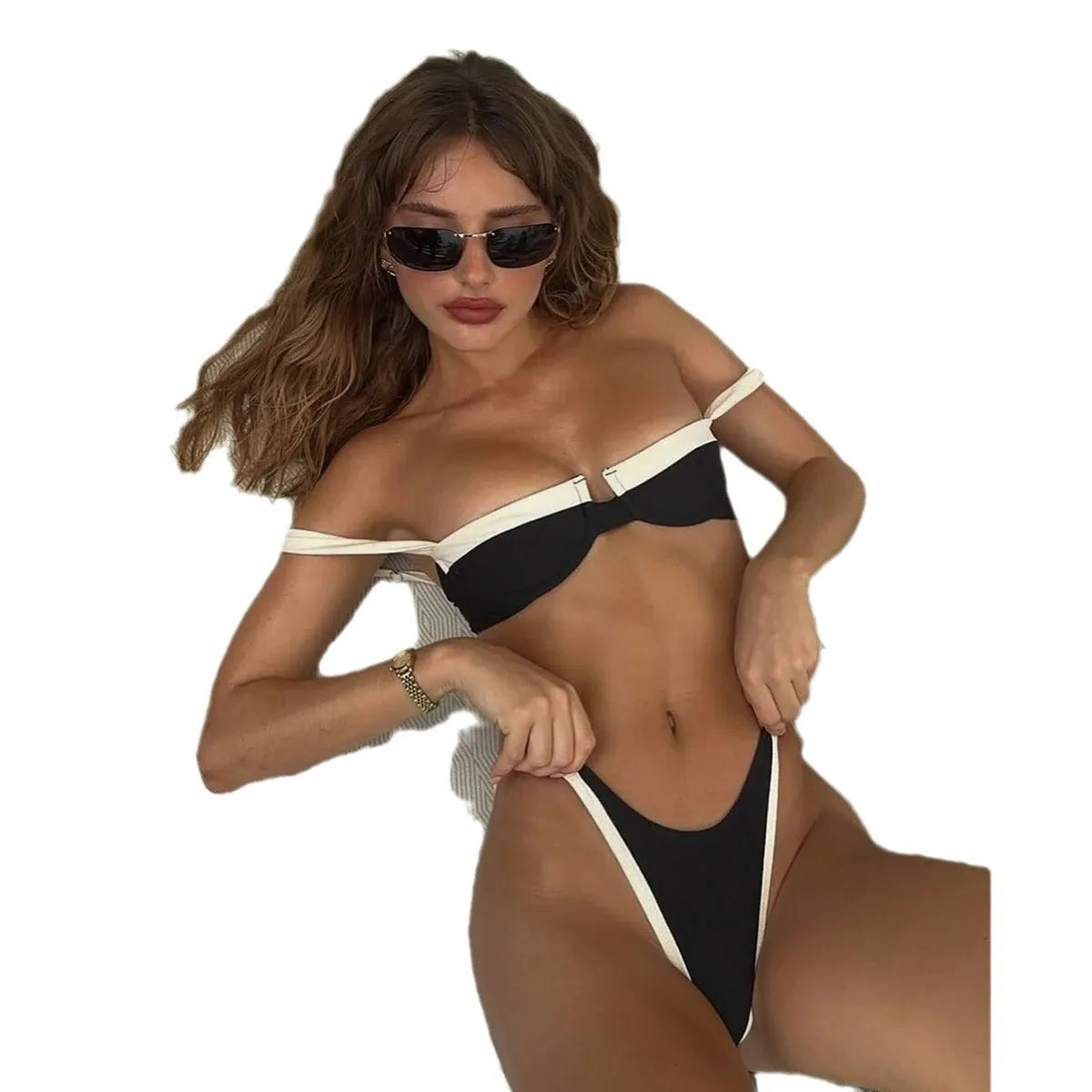 Black women's nylon bikini briefs set on a mannequin, showing front and back.
