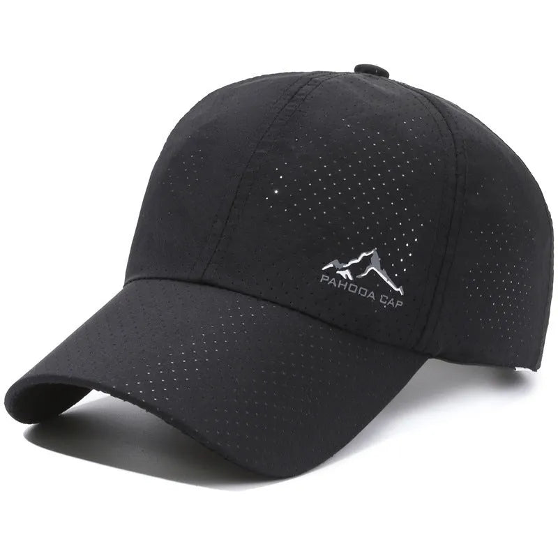 Light grey adjustable polyester baseball cap with a dome crown on a solid background.