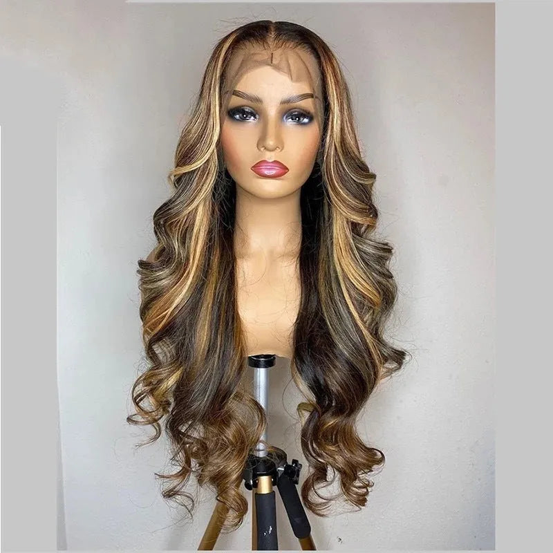 Front lace synthetic wig with long curly hair in gradient black to piano colour transition
