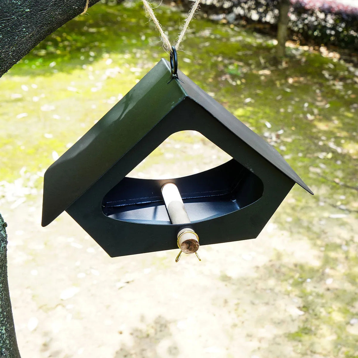 European-style modern iron bird house with anti-rain shelter in garden setting