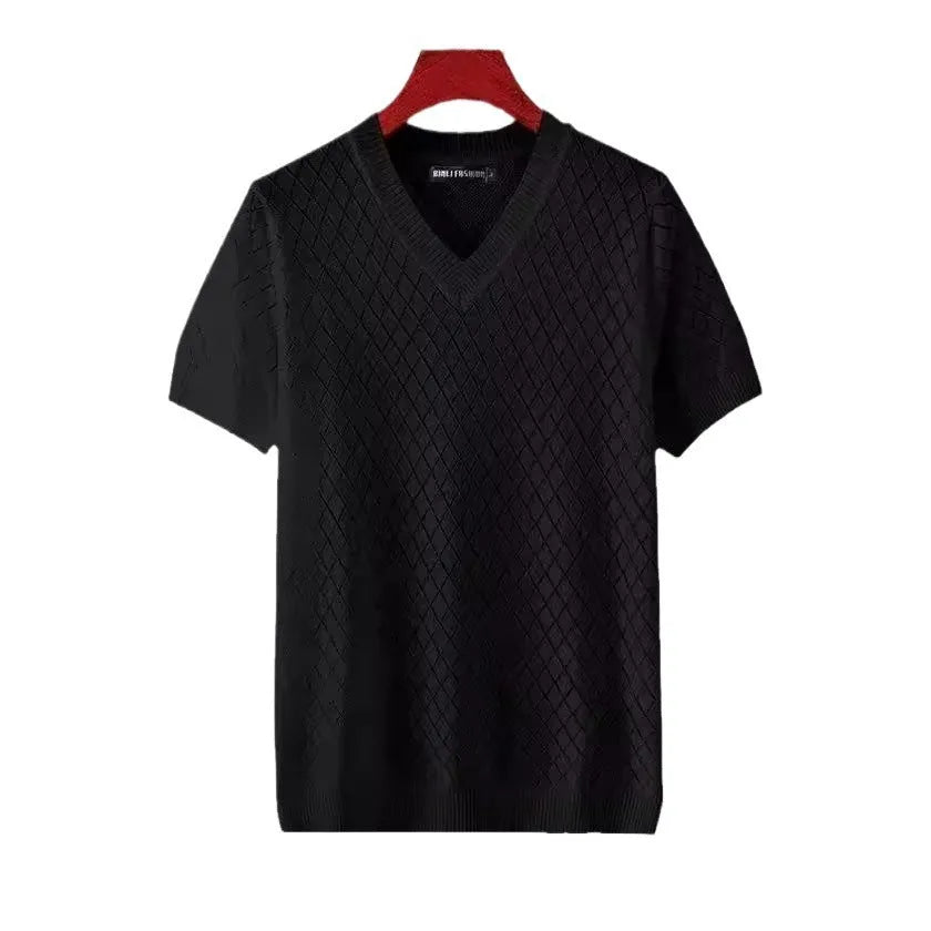 Men's ice silk t-shirt with Korean style cut-out design in black and white colours, available in sizes M to XXXL