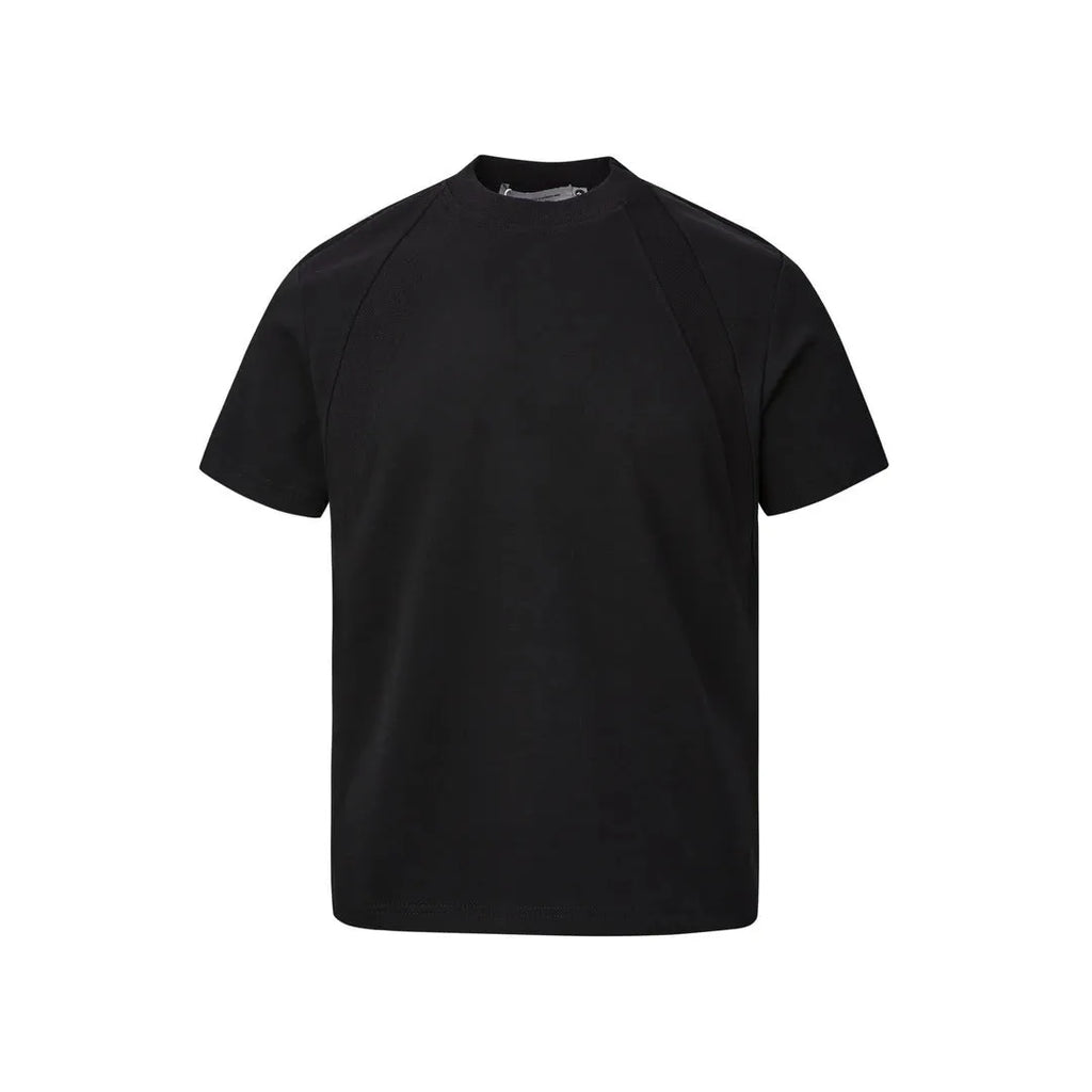 Air layer stitching short sleeve top in black, loose fit, polyester fabric, Asian sizing