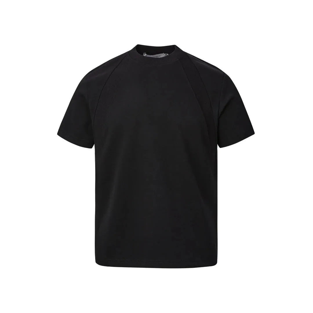Air layer stitching short sleeve top in black, loose fit, polyester fabric, Asian sizing